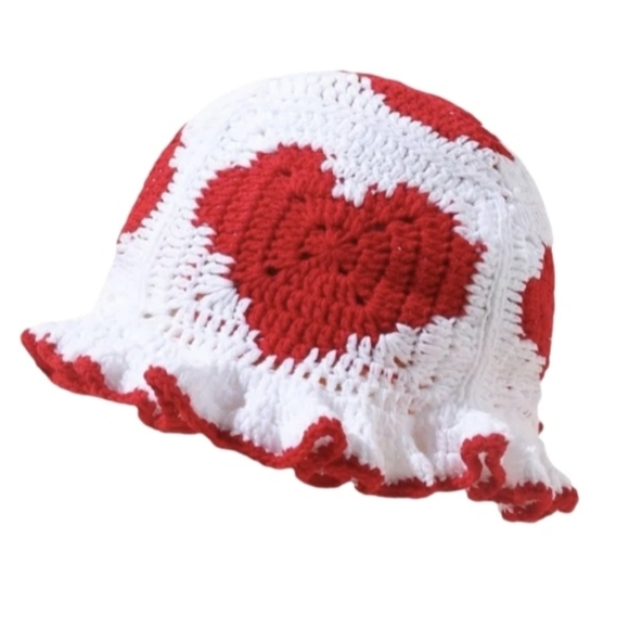Handmade White and Red Granny Square Bucket Hat with Hearts Ruffle Trim Acrylic - Picture 9 of 16